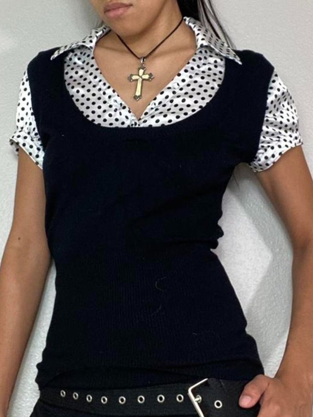 Y2K Office Layered Polka Dot Blouse Sweater Vest Combo Top - Picture 2 of 4